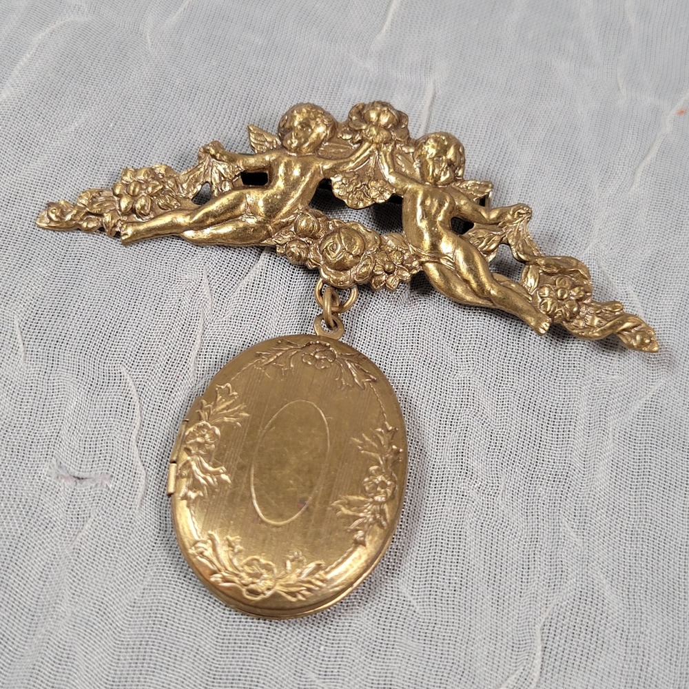 Cherub Locket Brooch Gold Tone Oval Dangle Floral Victorian Style Pin